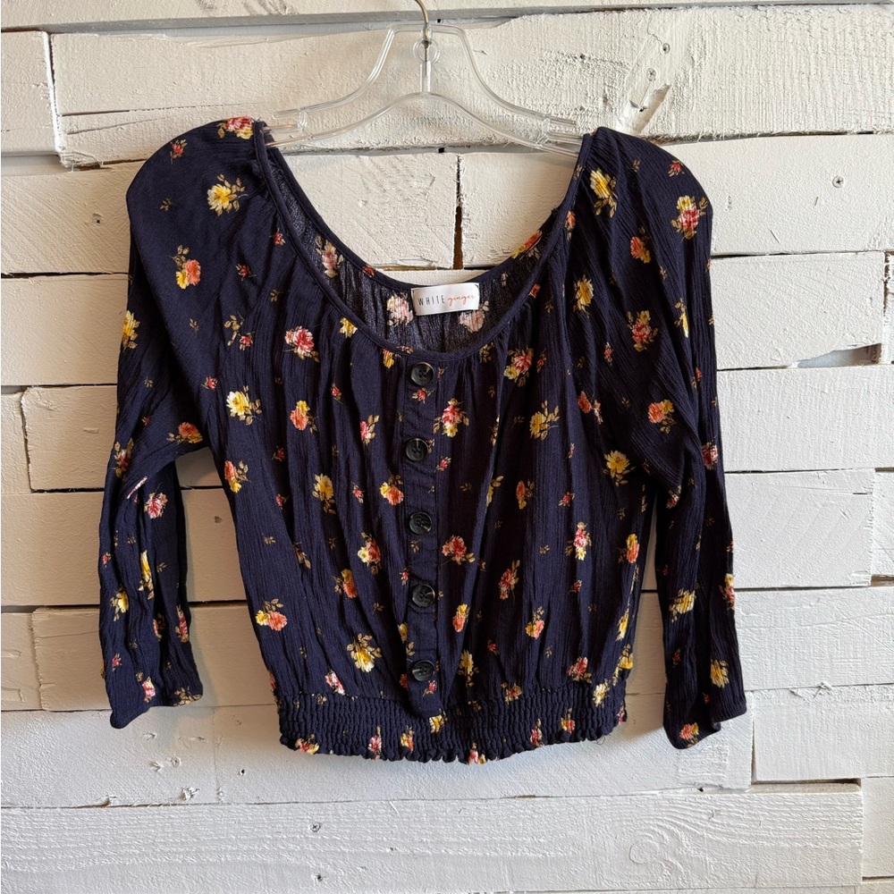 White Ginger Dark Blue Floral Button-Up Blouse